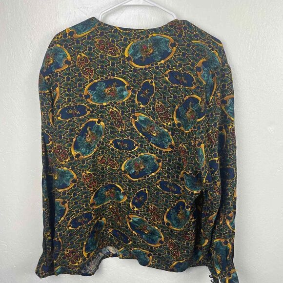 Vintage Pendleton Blue Gold Chain Link Horses 100% Rayon Size 16 Blouse - Picture 3 of 7